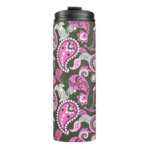 Traditional Paisley Linocut Warm Pink Deep Green Thermal Tumbler