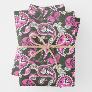 Traditional Paisley Linocut Warm Pink Deep Green Wrapping Paper Sheet
