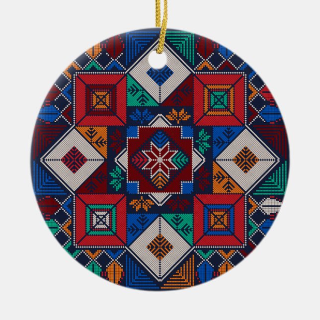 Traditional Palestine Embroidery tatreez  colourfu Ceramic Tree Decoration (Front)