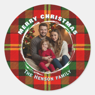 Traditional Personalized Family Photo Plaid  Classic Round Sticker