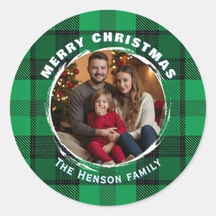 Traditional Personalized Family Photo Plaid  Classic Round Sticker