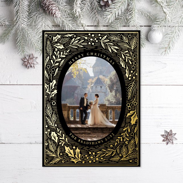 Traditional Pine and Holly Black Foil Holiday Card (Creator Uploaded)