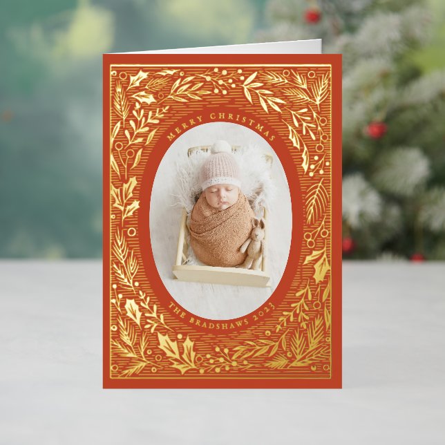 Traditional Pine and Holly Photo Foil Holiday Card (Holiday In Situ)