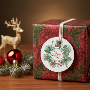 Traditional Pine Wreath Family Merry Christmas Favour Tags