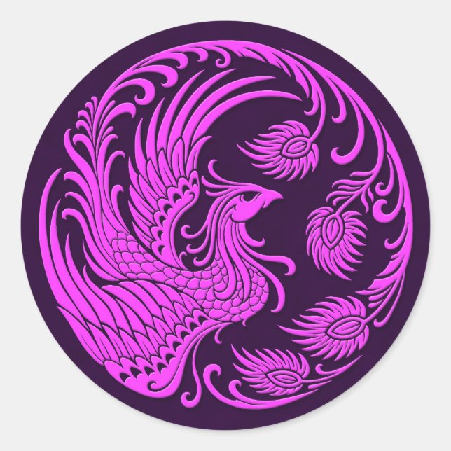 Traditional Pink and Purple Phoenix Circle Classic Round Sticker (Front)