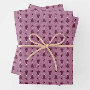 Traditional Pink Christmas Trees & Reindeer Wrapping Paper Sheet