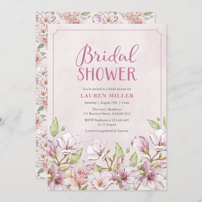 Traditional Pink Floral Bridal Shower invitation (Front/Back)