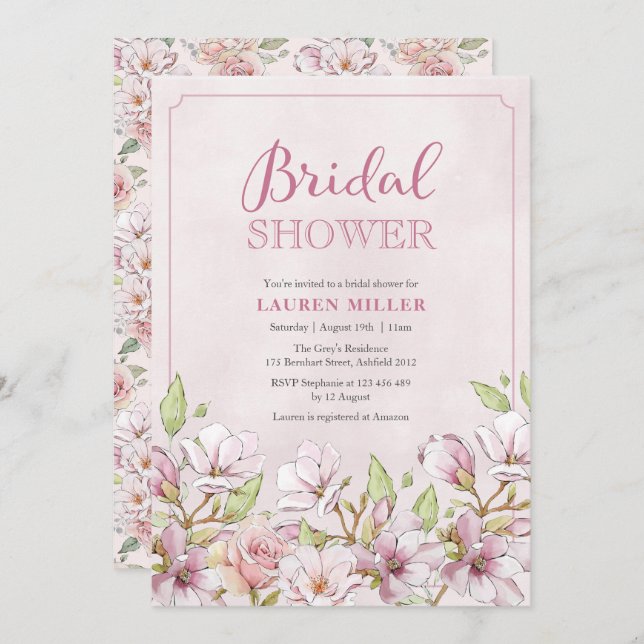 Traditional Pink Floral Bridal Shower invitation (Front/Back)