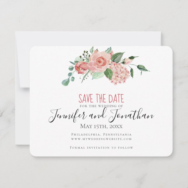 Traditional Pink Rose Floral Save the Date Wedding (Front)
