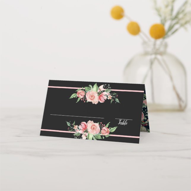 Traditional Pink Roses | Black | Floral Design Place Card (Front)