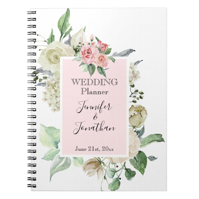 Traditional Pink & White Rose Wedding Planner Notebook (Front)