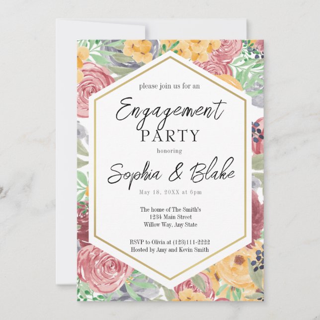 Traditional Pink & Yellow Floral Engagement Party  Invitation (Front)