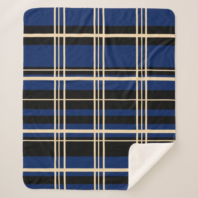 Traditional Plaid Black, Butter Cream, Dark Navy Sherpa Blanket (Front)