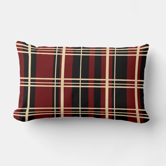 Traditional Plaid Black, Butter Cream, Dark Red  Lumbar Cushion (Front)