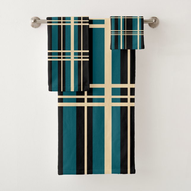 Traditional Plaid Black, Butter Cream, Dark Teal  Bath Towel Set (Insitu)