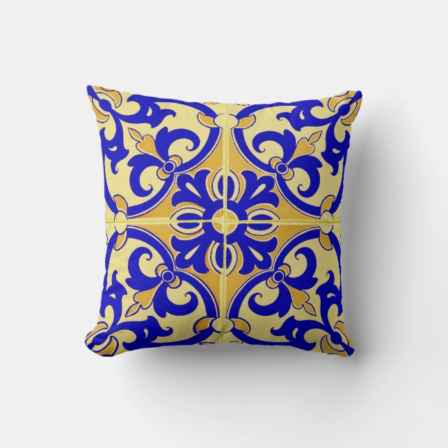Traditional Portuguese Azulejo Tile | yellow blue Cushion (Front)