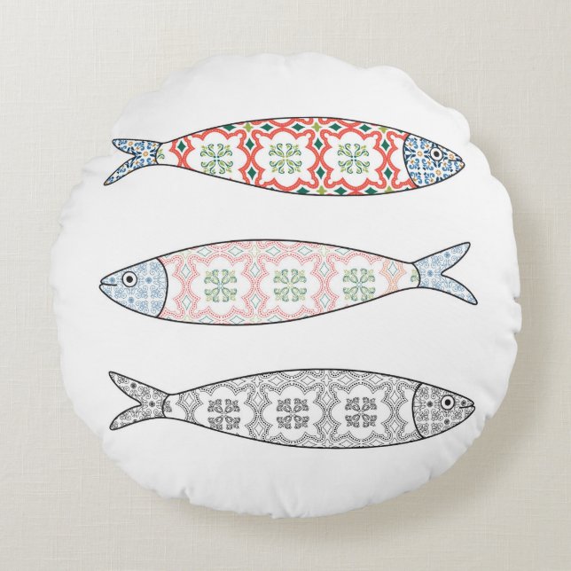 Traditional Portuguese icon. Colored sardines Round Cushion (Front)