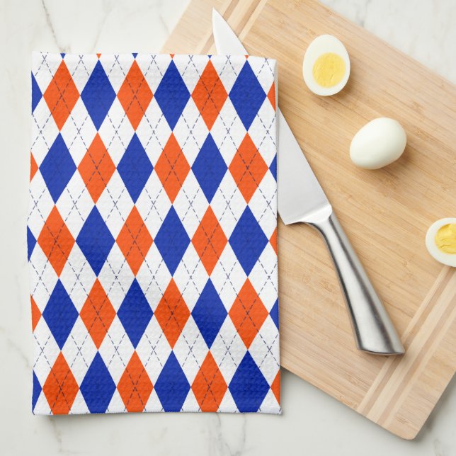 Traditional Preppy Argyle in Orange and Blue Tea Towel (Quarter Fold)