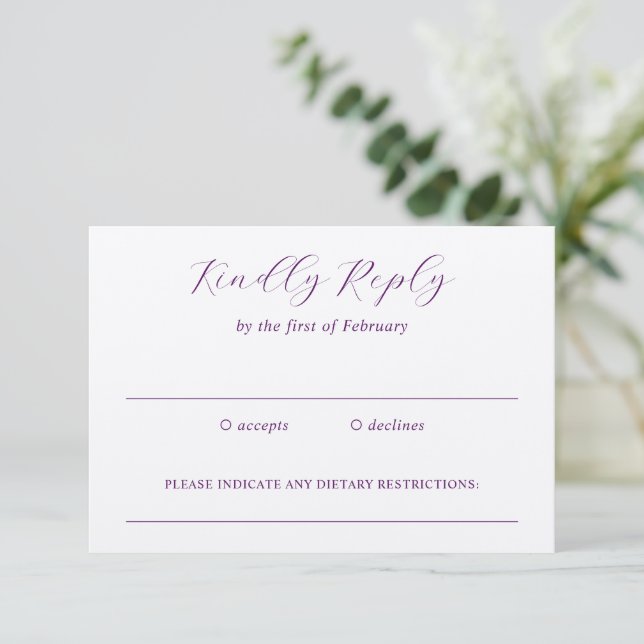 Traditional Purple Elegant Wedding RSVP Card (Standing Front)