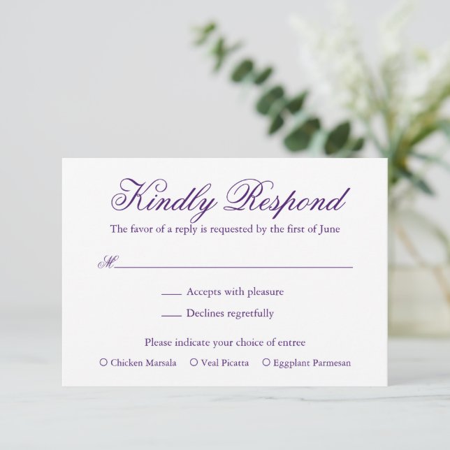 Traditional Purple Formal Elegant Wedding RSVP Card (Standing Front)