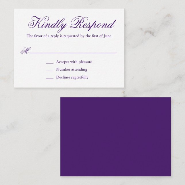 Traditional Purple Formal Mini Wedding RSVP Card (Front/Back)