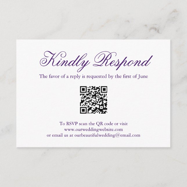 Traditional Purple Formal QR Code Elegant Wedding RSVP Card (Front)