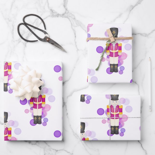 Traditional Purple & Pink Christmas Nutcracker Wrapping Paper Sheet (Front)