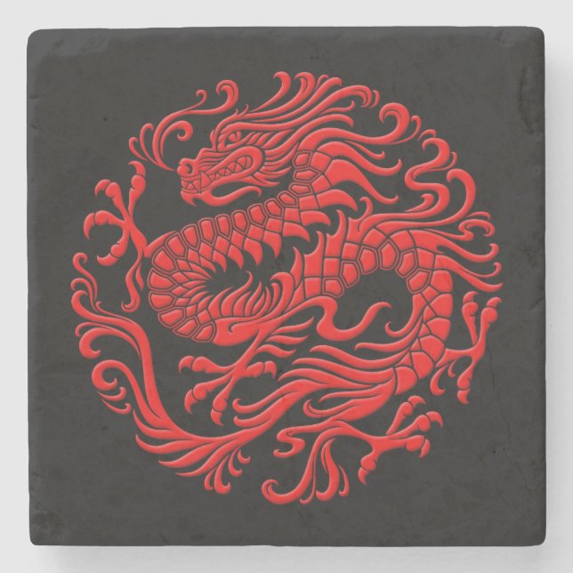 Traditional Red and Black Chinese Dragon Circle Stone Coaster (Front)