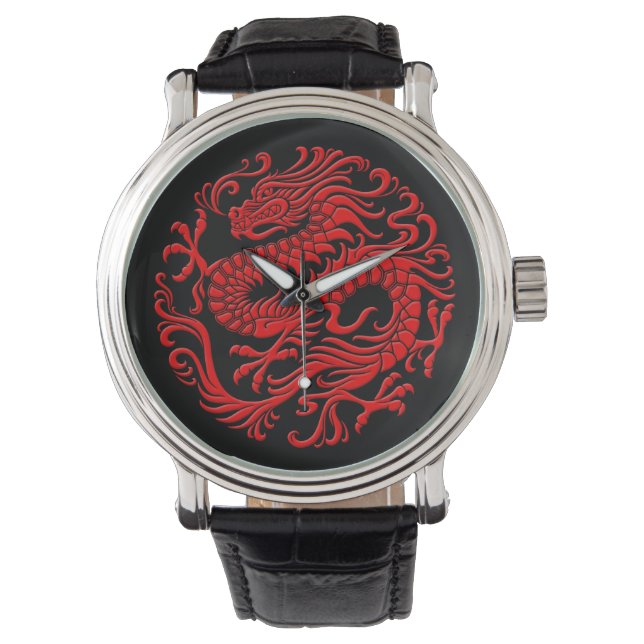 Traditional Red and Black Chinese Dragon Circle Watch (Front)