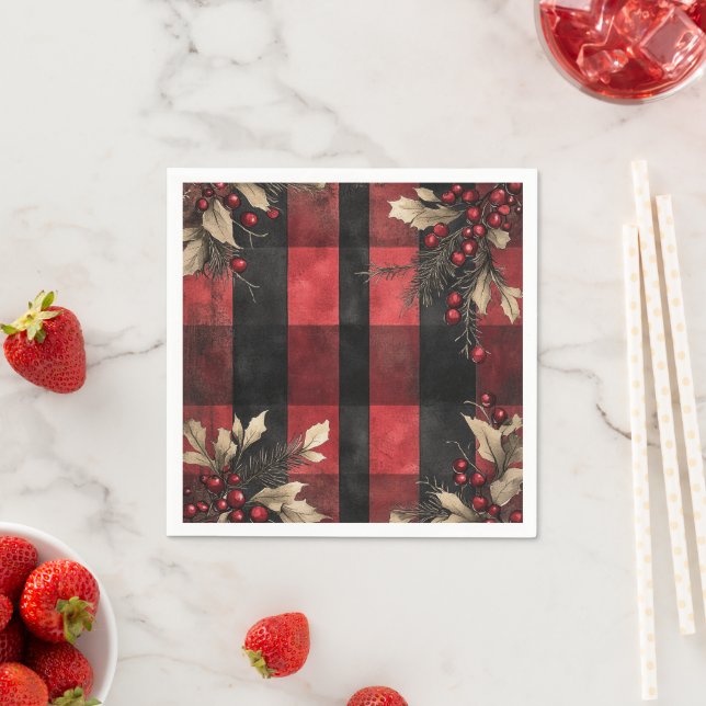 Traditional Red and Black Plaid Christmas Holiday Napkin (Insitu)