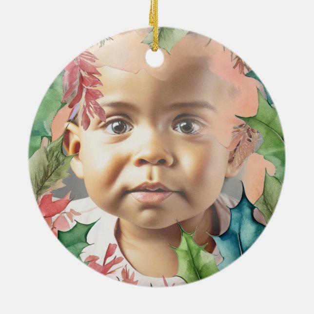 Traditional Red and Green Christmas Holiday Photo Ceramic Tree Decoration (Back)