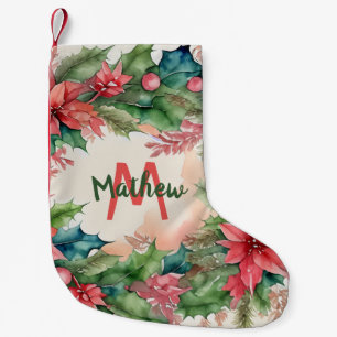 Traditional Red and Green Christmas Holly Wreath  Small Christmas Stocking