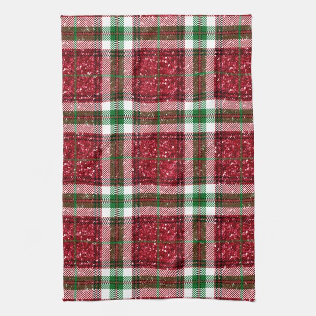 Traditional Red and Green Christmas Plaid Glitter Tea Towel (Vertical)