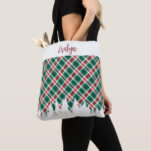 Traditional Red and Green Plaid w/ Name Christmas Tote Bag