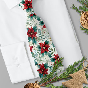 Traditional Red and Green Watercolor Poinsettia Tie