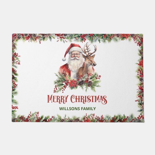 Traditional red and white festive flowers Santa Doormat (Front)