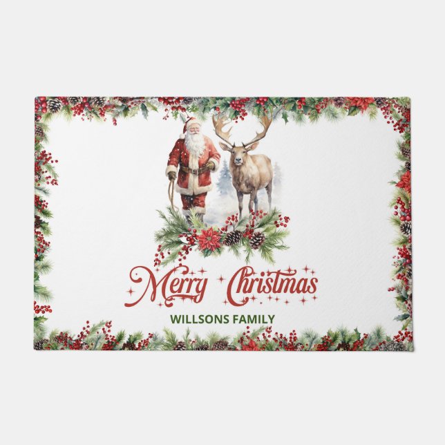 Traditional red and white wreath Santa reindeer Doormat (Front)