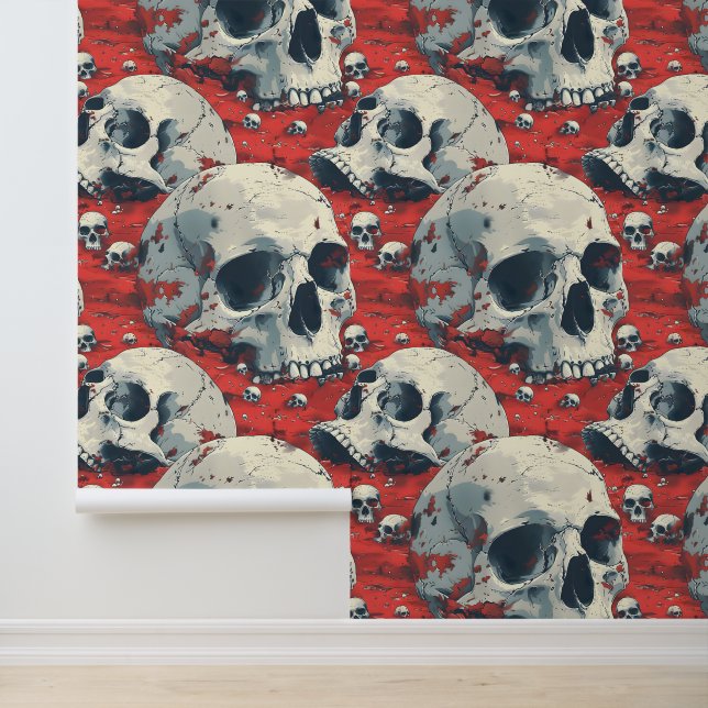 Traditional Red Black Gothic Skulls Halloween Wallpaper (Application)