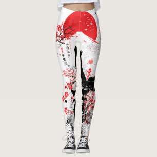 Traditional Red Black Japanese Kitsune Fox with Mo Leggings