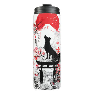 Traditional Red Black Japanese Kitsune Fox with Mo Thermal Tumbler
