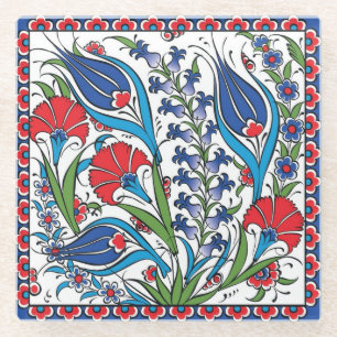 Traditional Red Blue Floral Turkish Ottoman Iznik  Glass Coaster