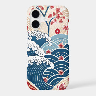 Traditional Red Blue Japanese Wave Sakura Pattern