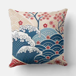 Traditional Red Blue Japanese Wave Sakura Pattern Cushion