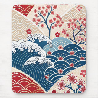 Traditional Red Blue Japanese Wave Sakura Pattern Mouse Mat