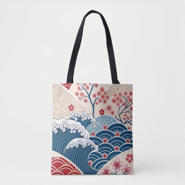 Traditional Red Blue Japanese Wave Sakura Pattern Tote Bag (Front)
