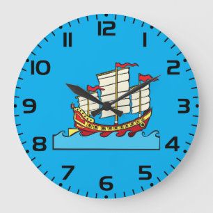 Traditional Red Chinese Junk Ship on Blue Waves Large Clock