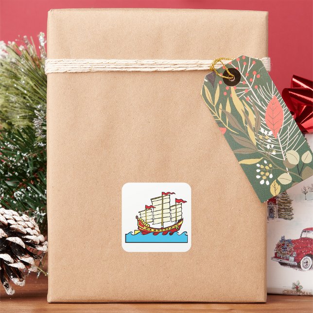 Traditional Red Chinese Junk Ship on Blue Waves Square Sticker (Creator Uploaded)