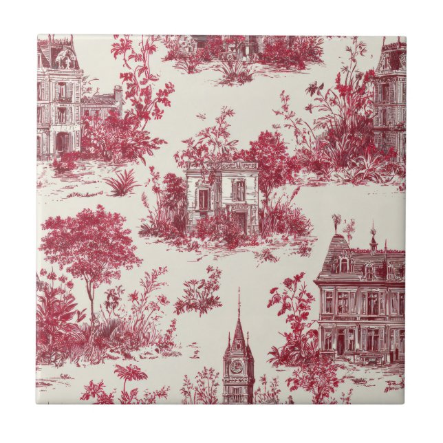 Traditional Red Countryside Toile Pattern Tile (Front)