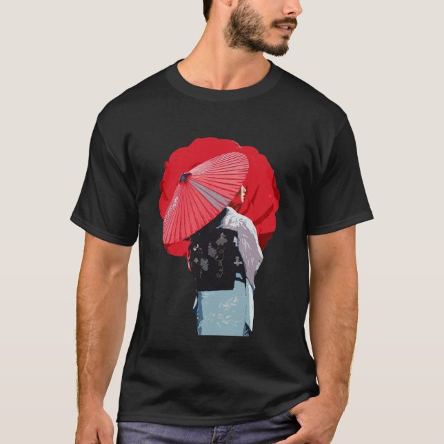 Traditional Red Geisha Kimono Japanese Art T-Shirt (Front)