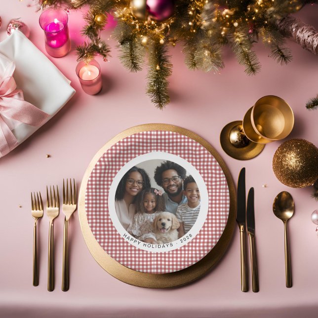 Traditional Red Gingham Holiday Photo Paper Plate (Vintage Gingham holiday tableware)